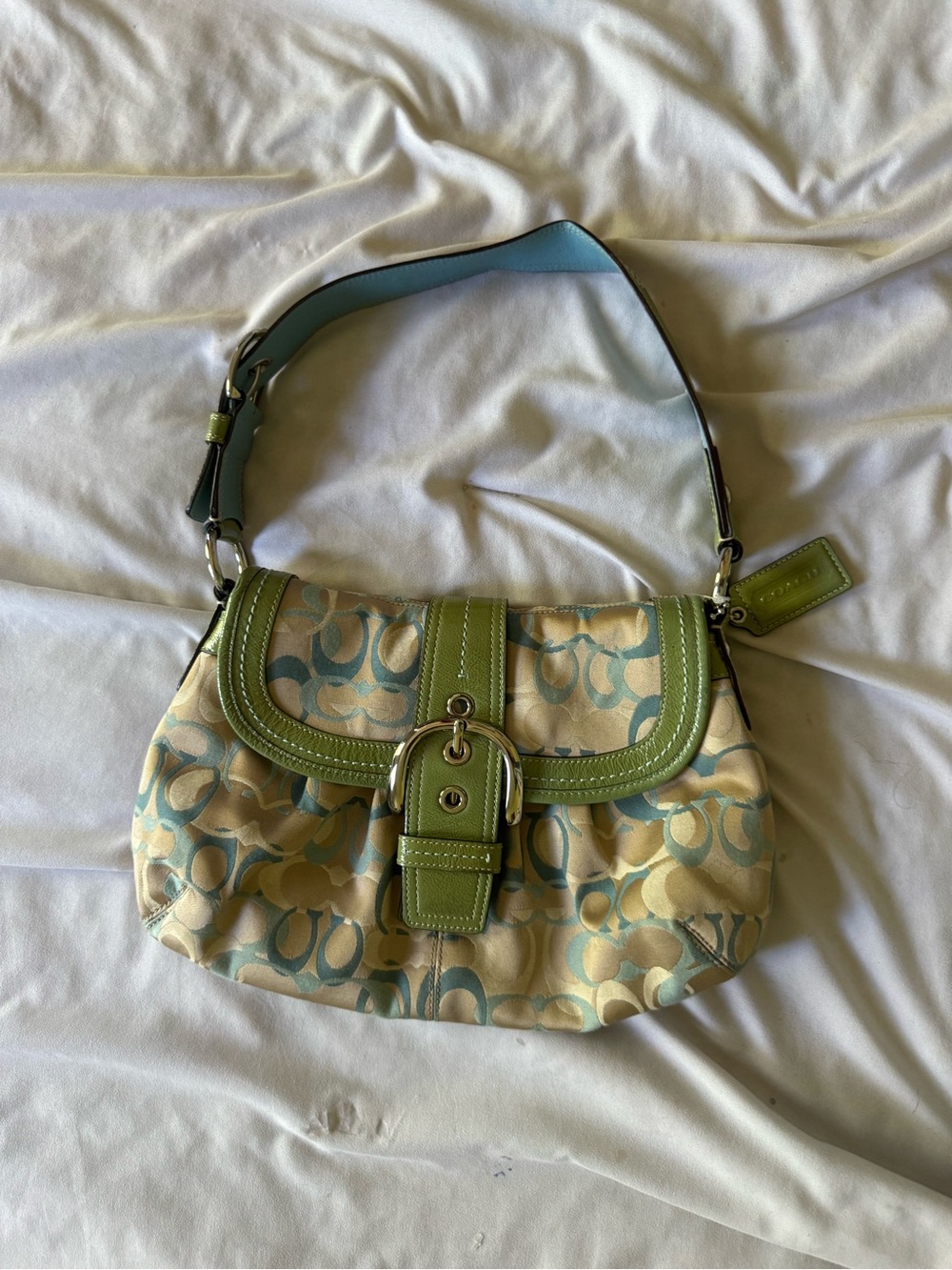 Coach Beige and Green Signature Canvas Shoulder Bag
